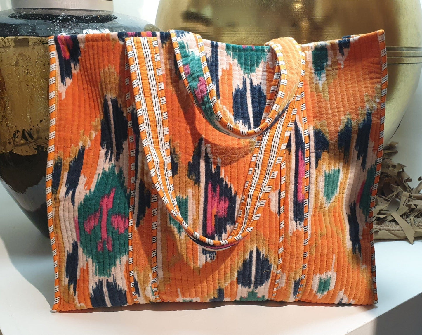 Nila Parmar Bags Orange IKAT Velvet Quilted Bag