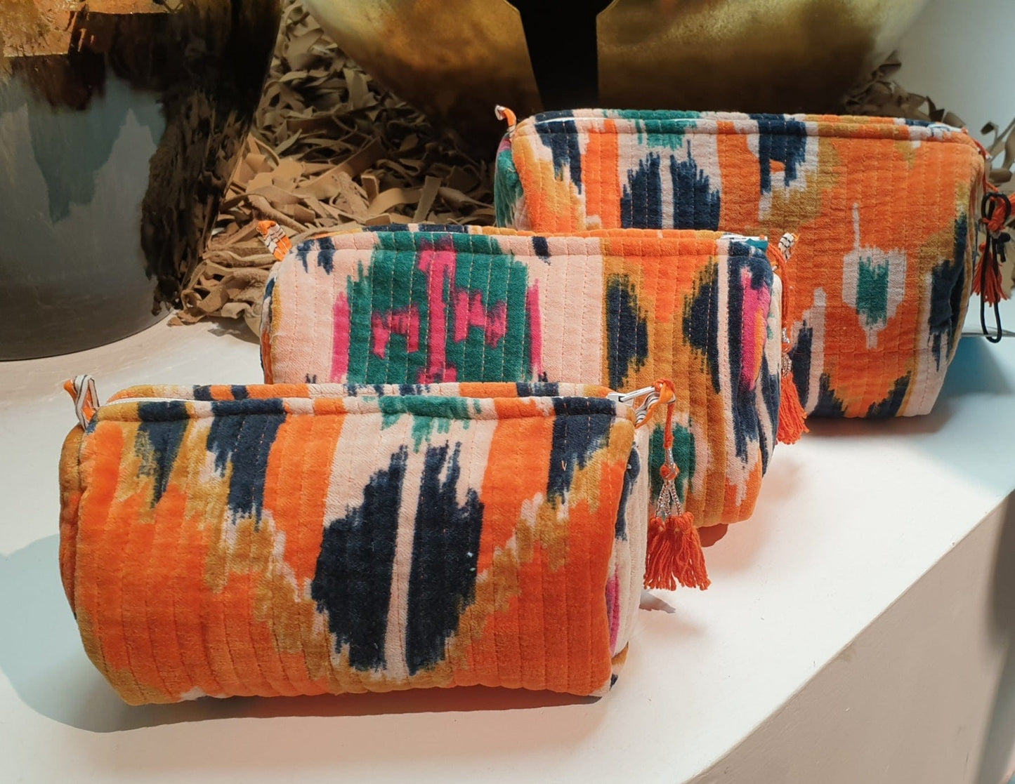 Nila Parmar Toiletry & Cosmetic Bags Orange IKAT Velvet Wash Bags