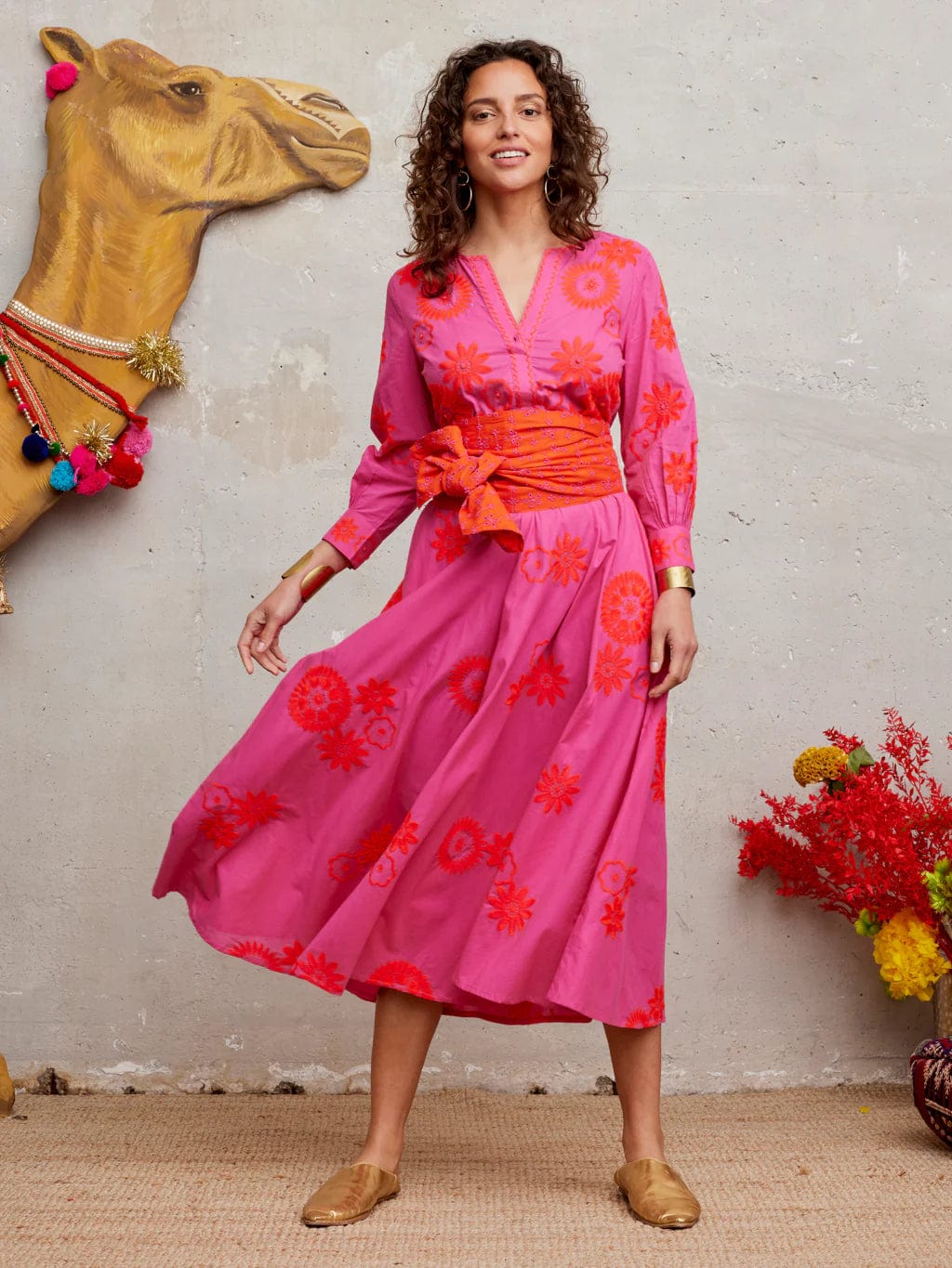 Nimo with Love Azurite Dress Orange Flower Embroidery on Pink
