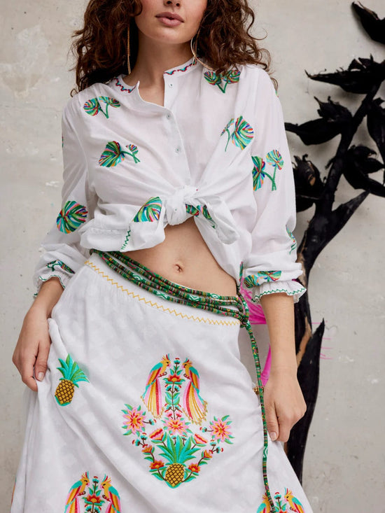 Nimo with Love Columbia Blouse Palm Leaf Embroidery on White