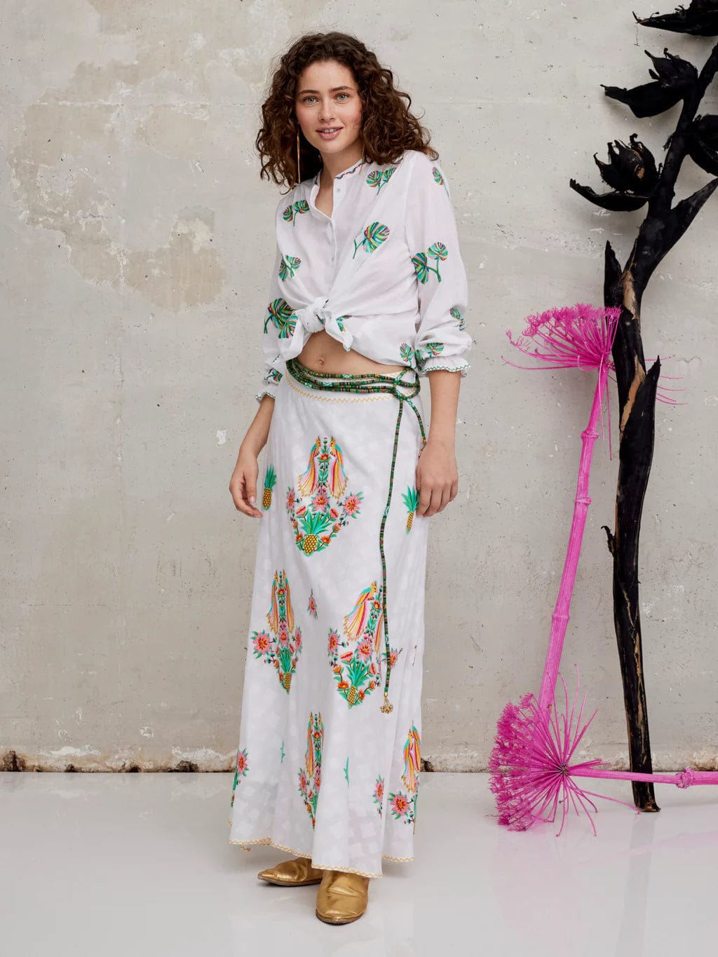 Nimo with Love Columbia Blouse Palm Leaf Embroidery on White