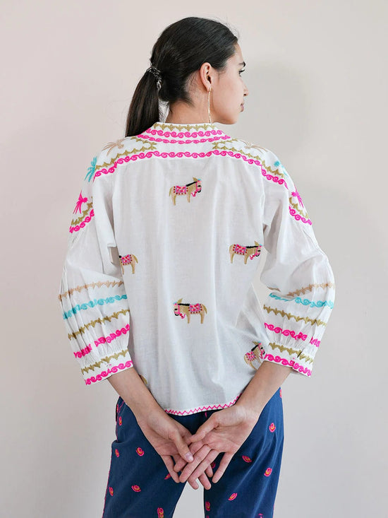 Nimo with Love Magnolia Blouse Donkey Embroidery on White