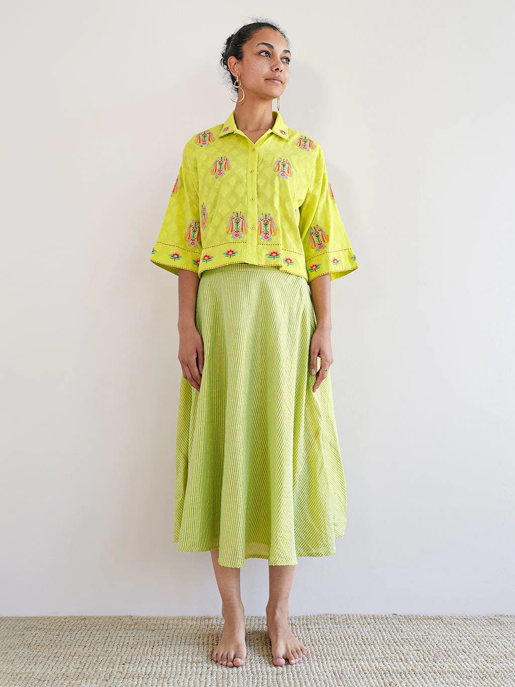 Nimo with Love Thyme Blouse Parrot Embroidery on Lime Jacquard