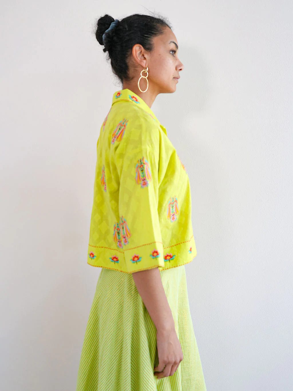 Nimo with Love Thyme Blouse Parrot Embroidery on Lime Jacquard