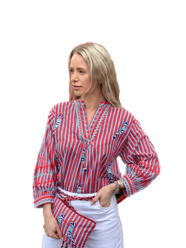 Nimo with Love Tops Magnolia Blouse Toucan Turquoise Red Stripe