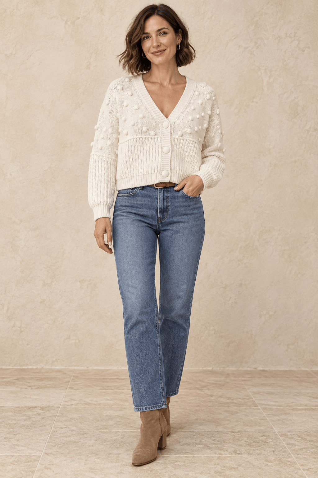 NOT SHY Knitwear Chunky Bobble Knit Cardigan in Ecru