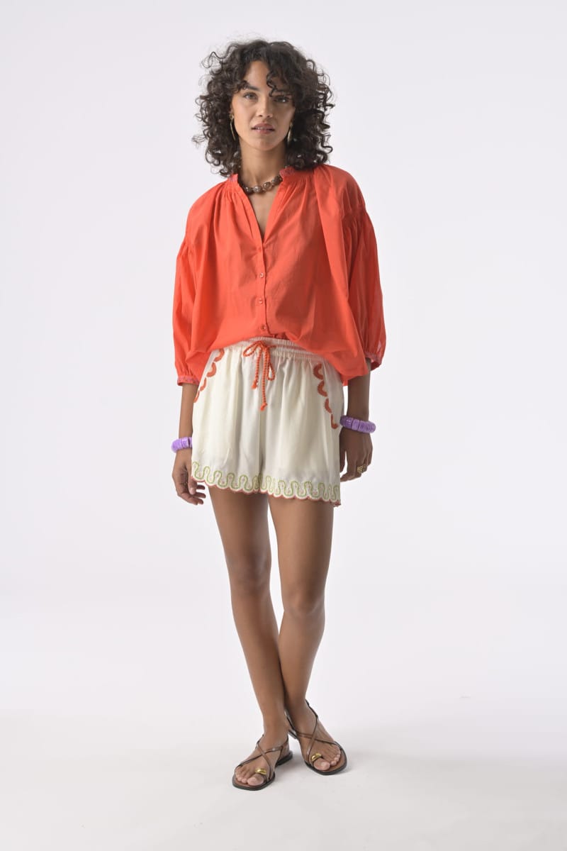 Orfeo Paris Shorts Laura Shorts in Ecru with Orange Embroidery