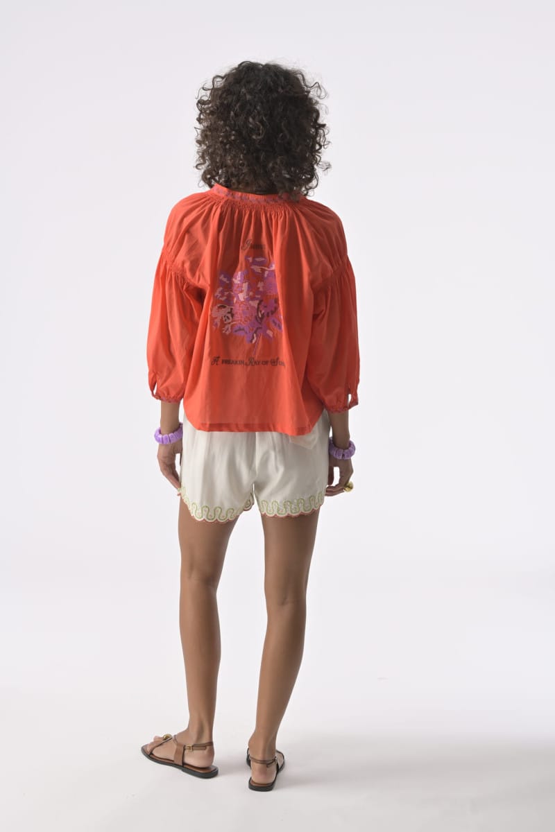 Orfeo Paris Shorts Laura Shorts in Ecru with Orange Embroidery
