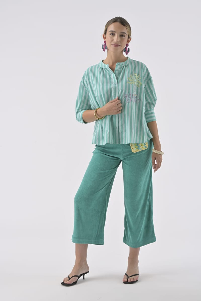 Orfeo Paris Tops Simone's Blouse in Turquoise Stripe