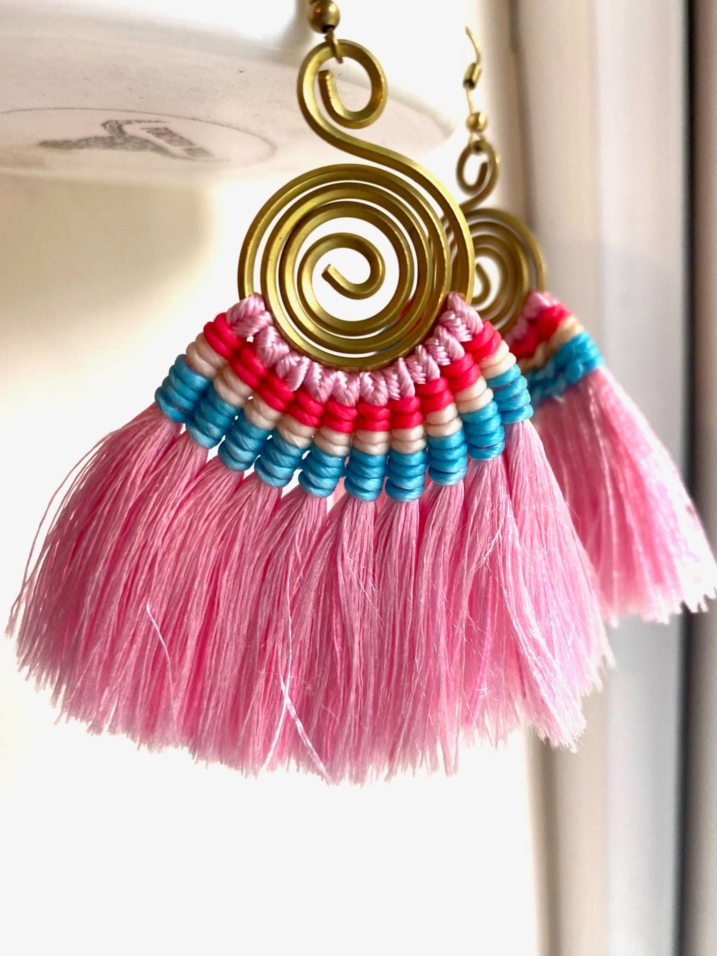 PomPom Galore Earrings Pink Silky Fan Tassel Earrings