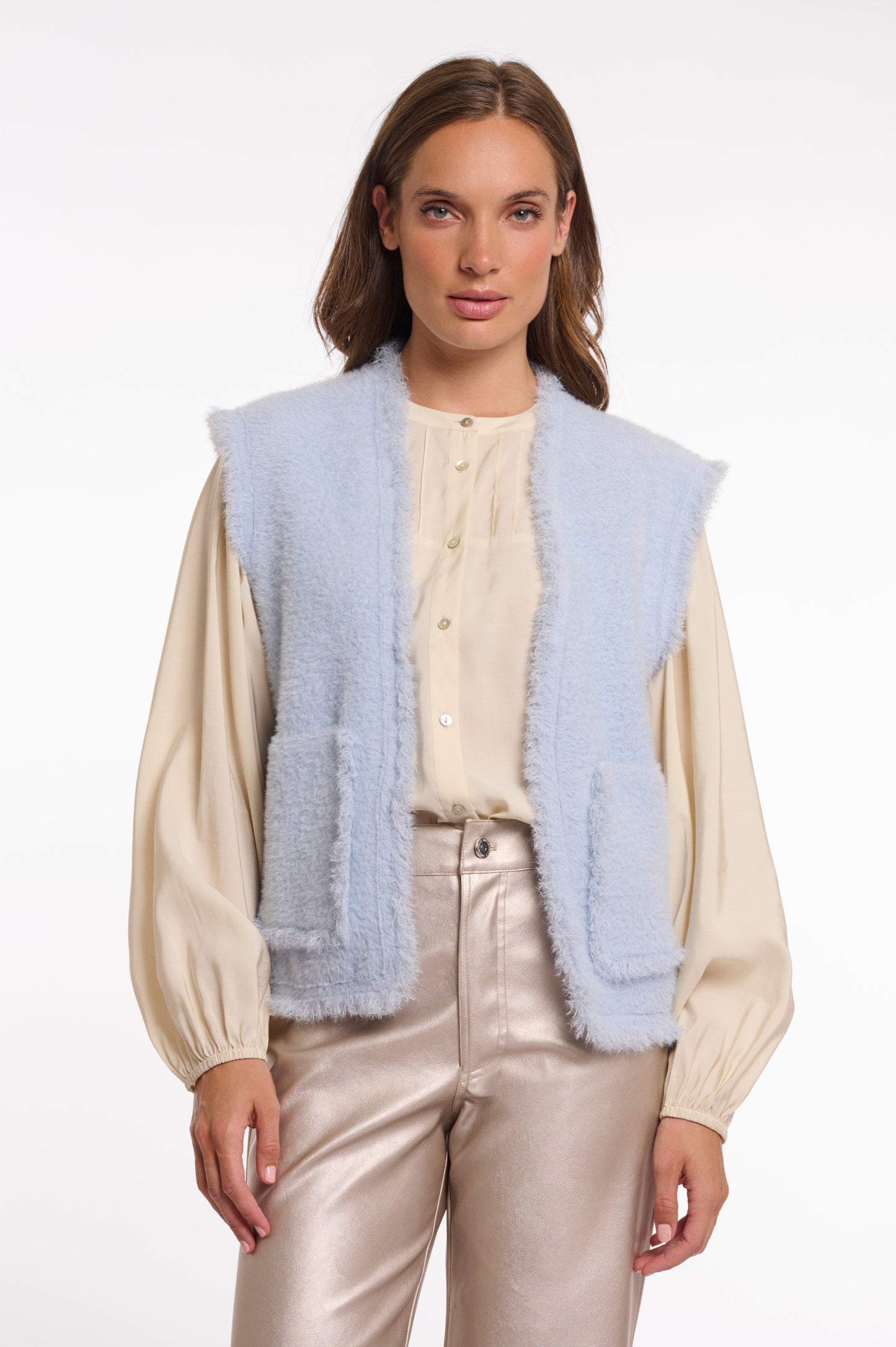 Rino & Pelle Jackets Vita Waistcoat with Fringe Detail In Light Blue
