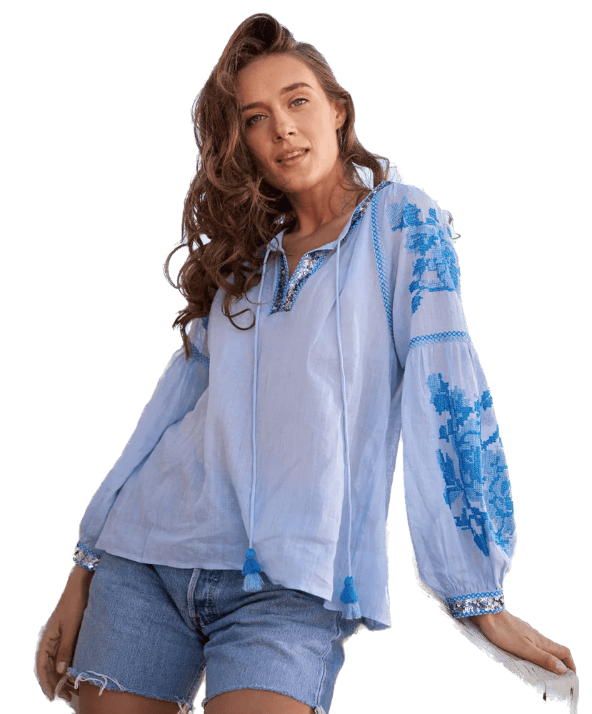 ROSE AND ROSE Tops Fontaine Blue Sequin Trimmed Top