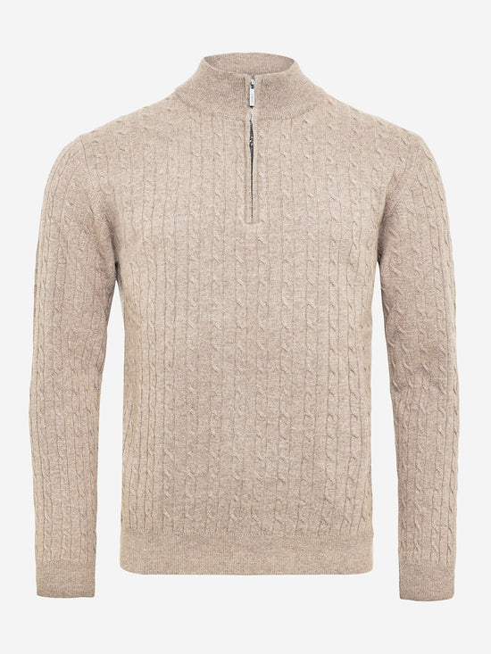 SAND - Mens Mens Knitwear Sand Cable Knit Half-Zip Jumper