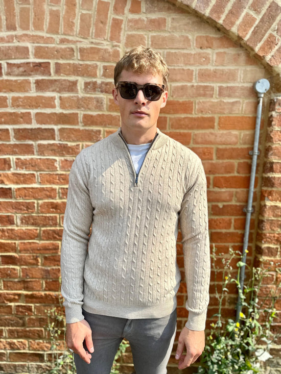 SAND - Mens Mens Knitwear Sand Cable Knit Half-Zip Jumper