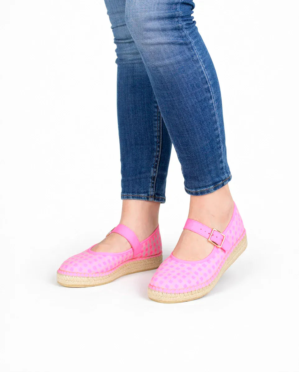 Star Love Ladies Shoes Jane Espadrilles in Fluorescent Gingham Pink