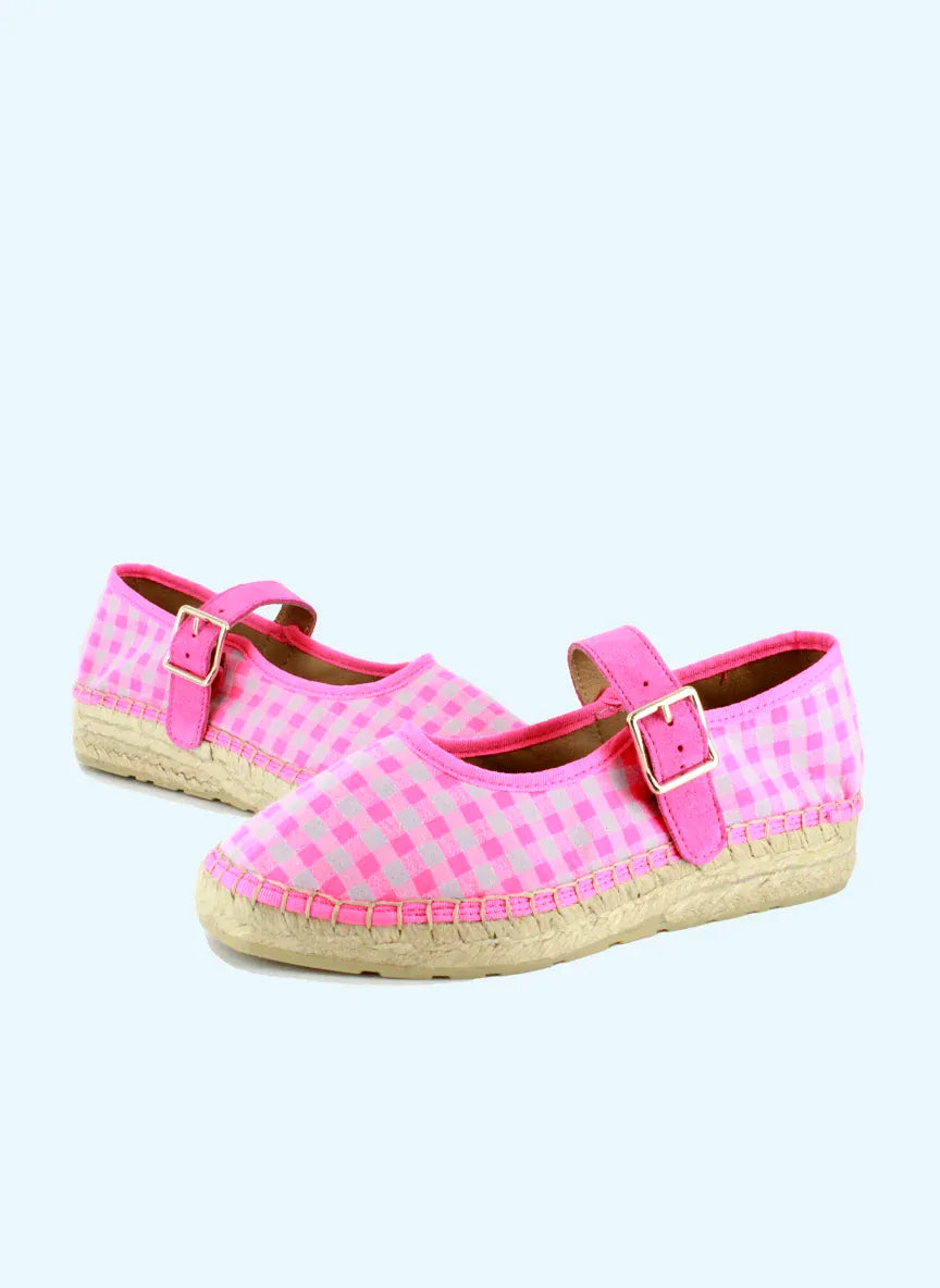Star Love Ladies Shoes Jane Espadrilles in Fluorescent Gingham Pink