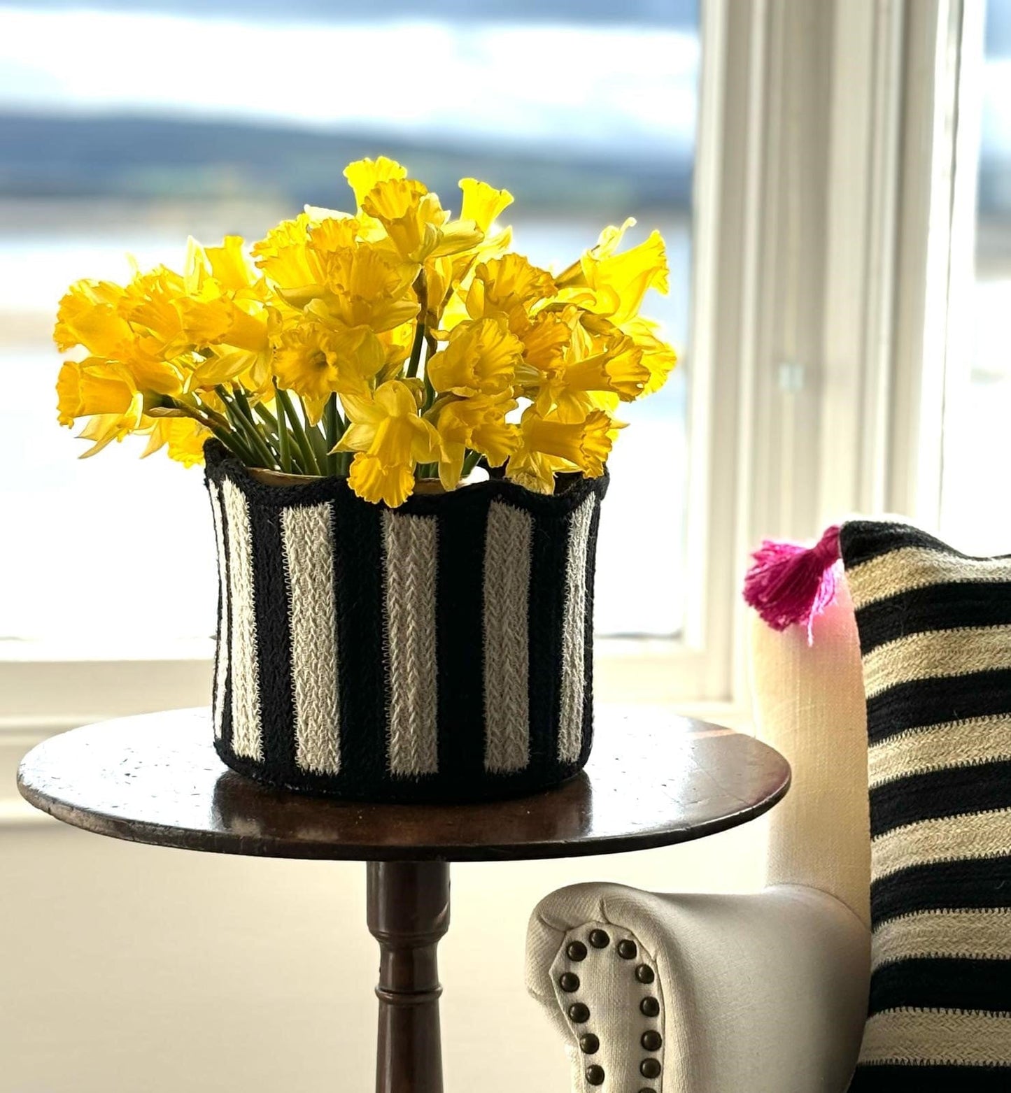 The Braided Rug Basket Tulip Basket Black & White