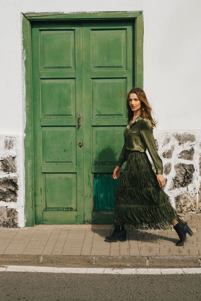 Traffic People Skirts Gracie Fringe Skirt in Olive