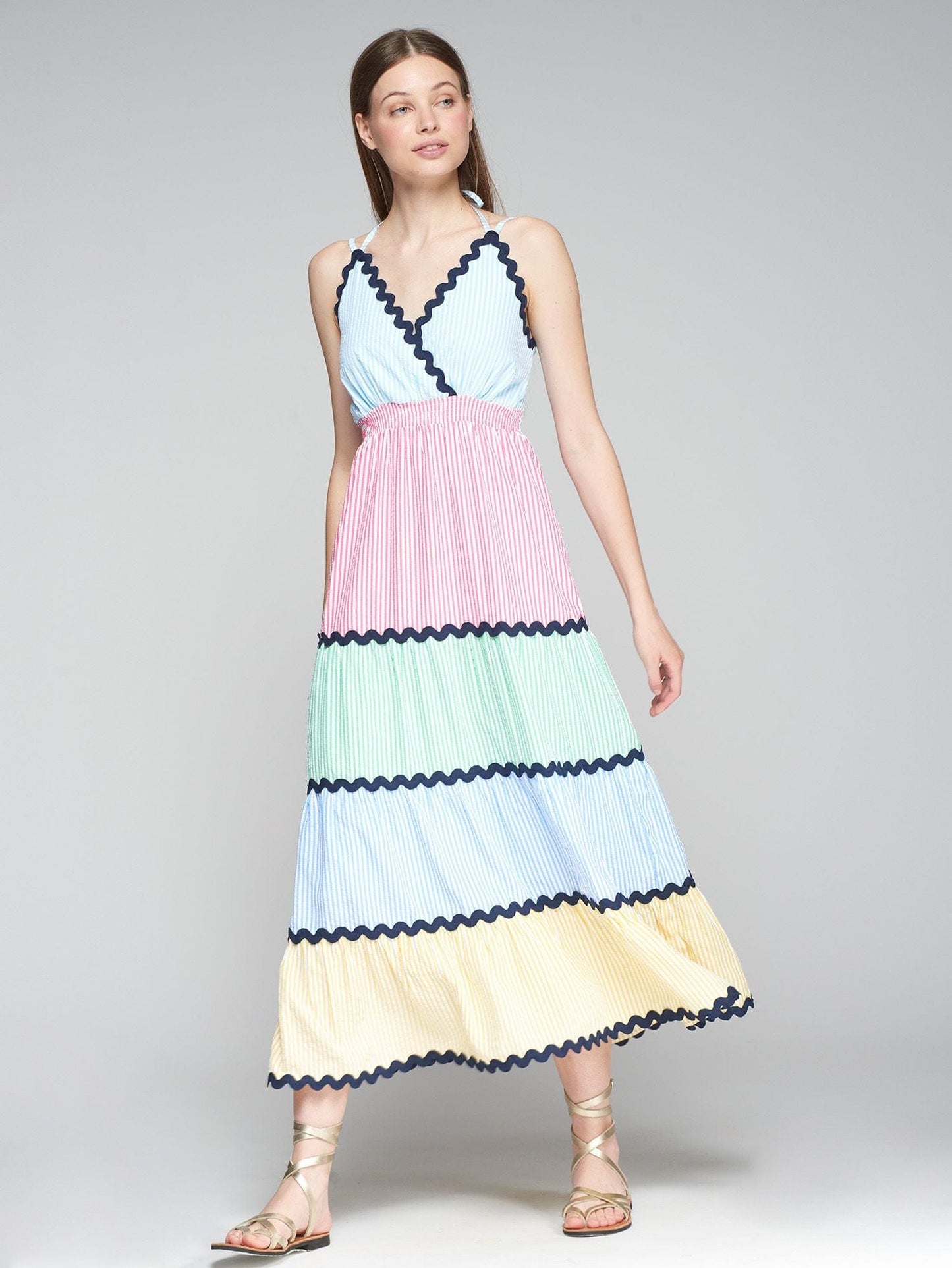 Vilagallo Layered Summer Dress – Colorful Maxi Dress with Blue Lace Trim – Nellie & Dove