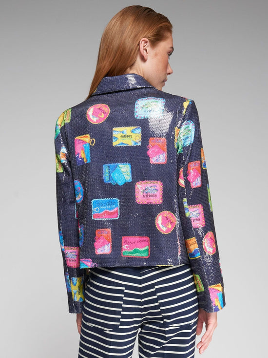 Vilagallo Midnight Pop Print Shimmer Jacket – Vibrant Pattern Blazer with Shimmer Finish – Nellie & Dove