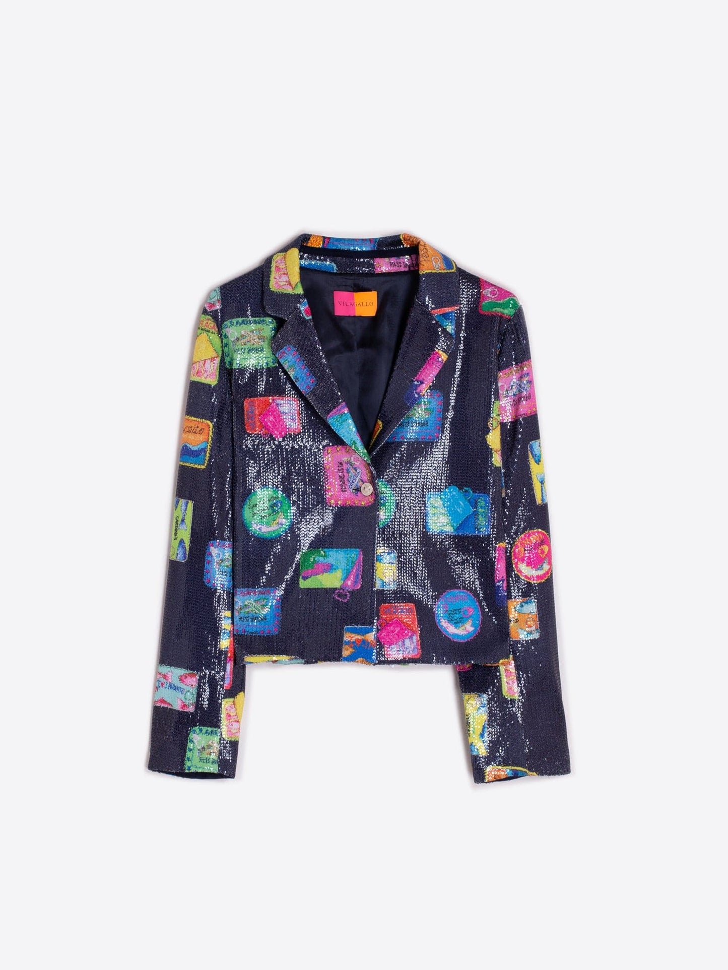 Vilagallo Midnight Pop Print Shimmer Jacket – Vibrant Pattern Blazer with Shimmer Finish – Nellie & Dove