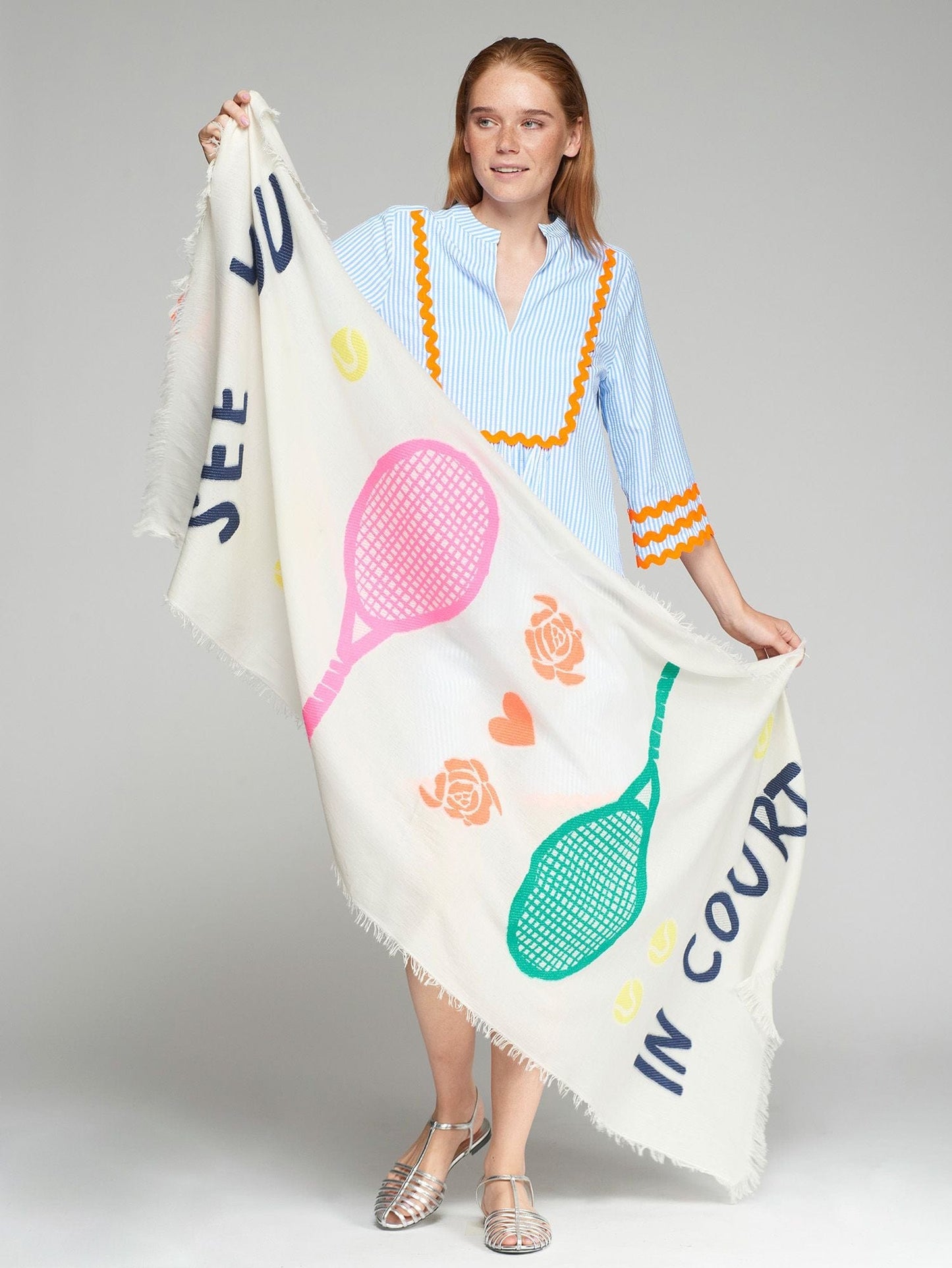 Vilagallo Tennis Scarf featuring 'See You in Court' phrase and tennis motifs – available at Nellie & Dove