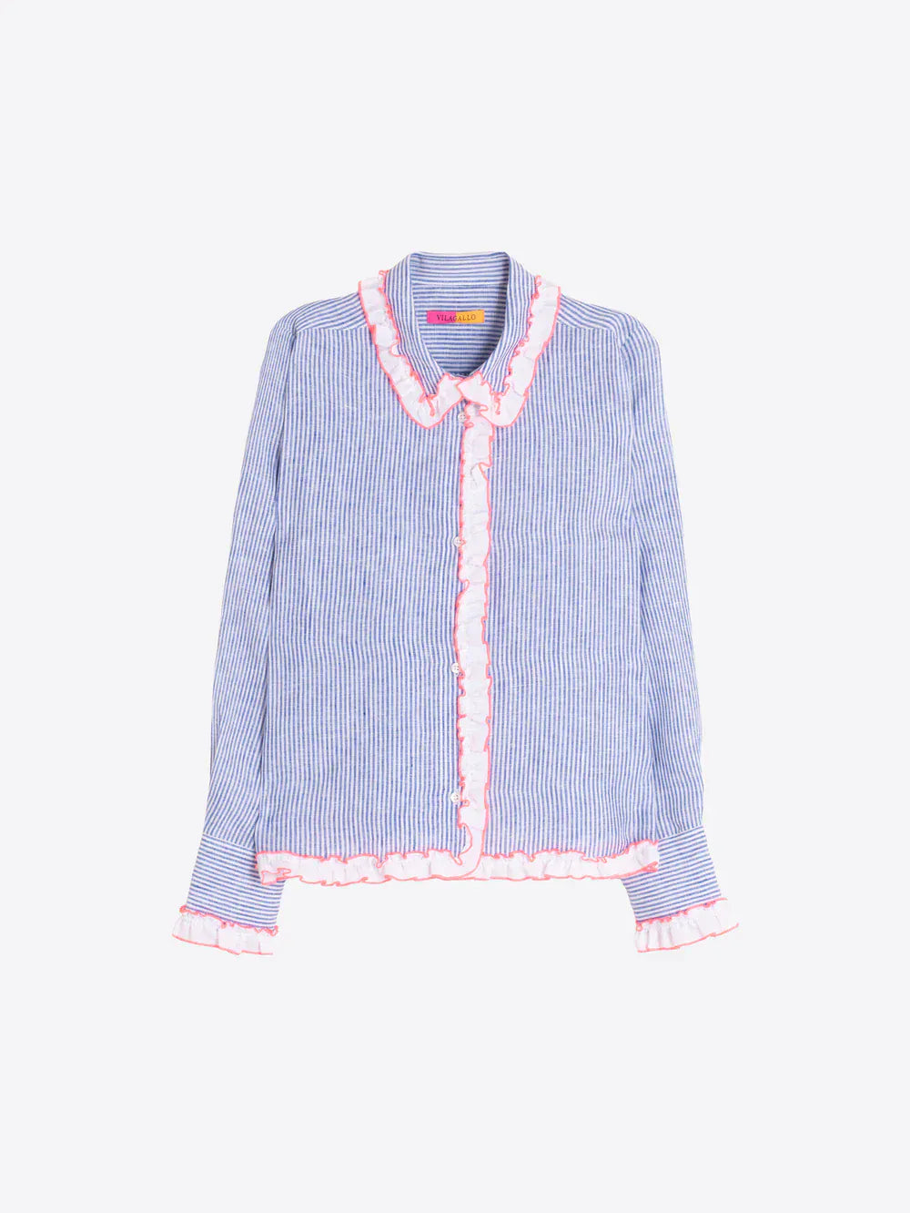 Vilagallo Tops Blue Striped Shirt with Pink Ruffles