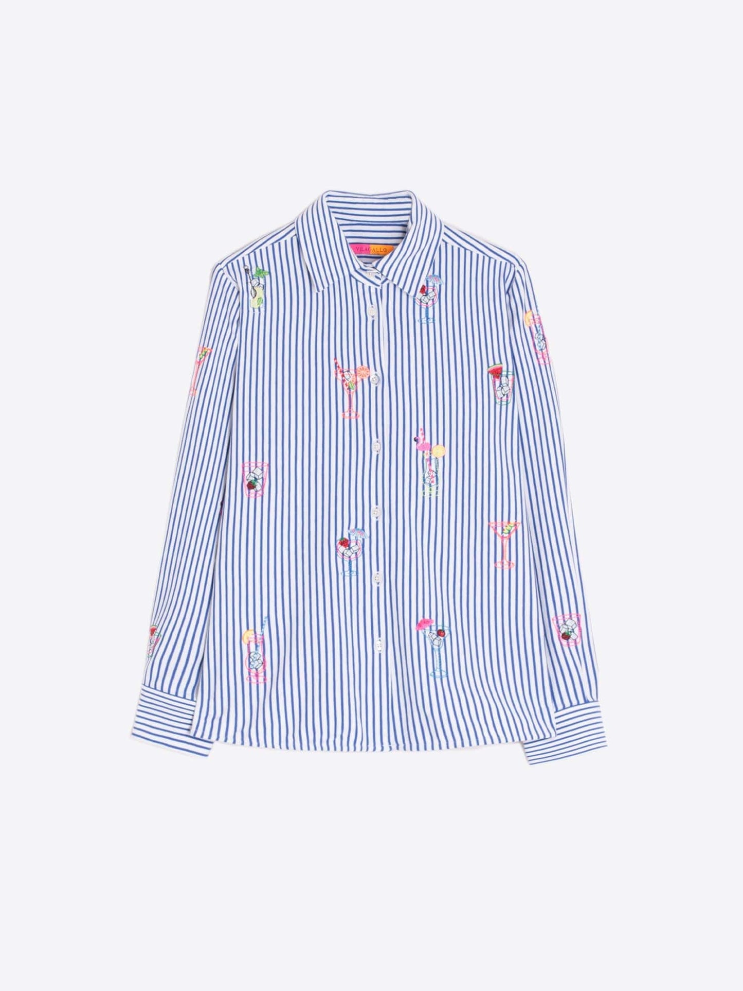 Vilagallo Cocktails Shirt – Blue & White Striped Cotton Shirt with Embroidery – Nellie & Dove