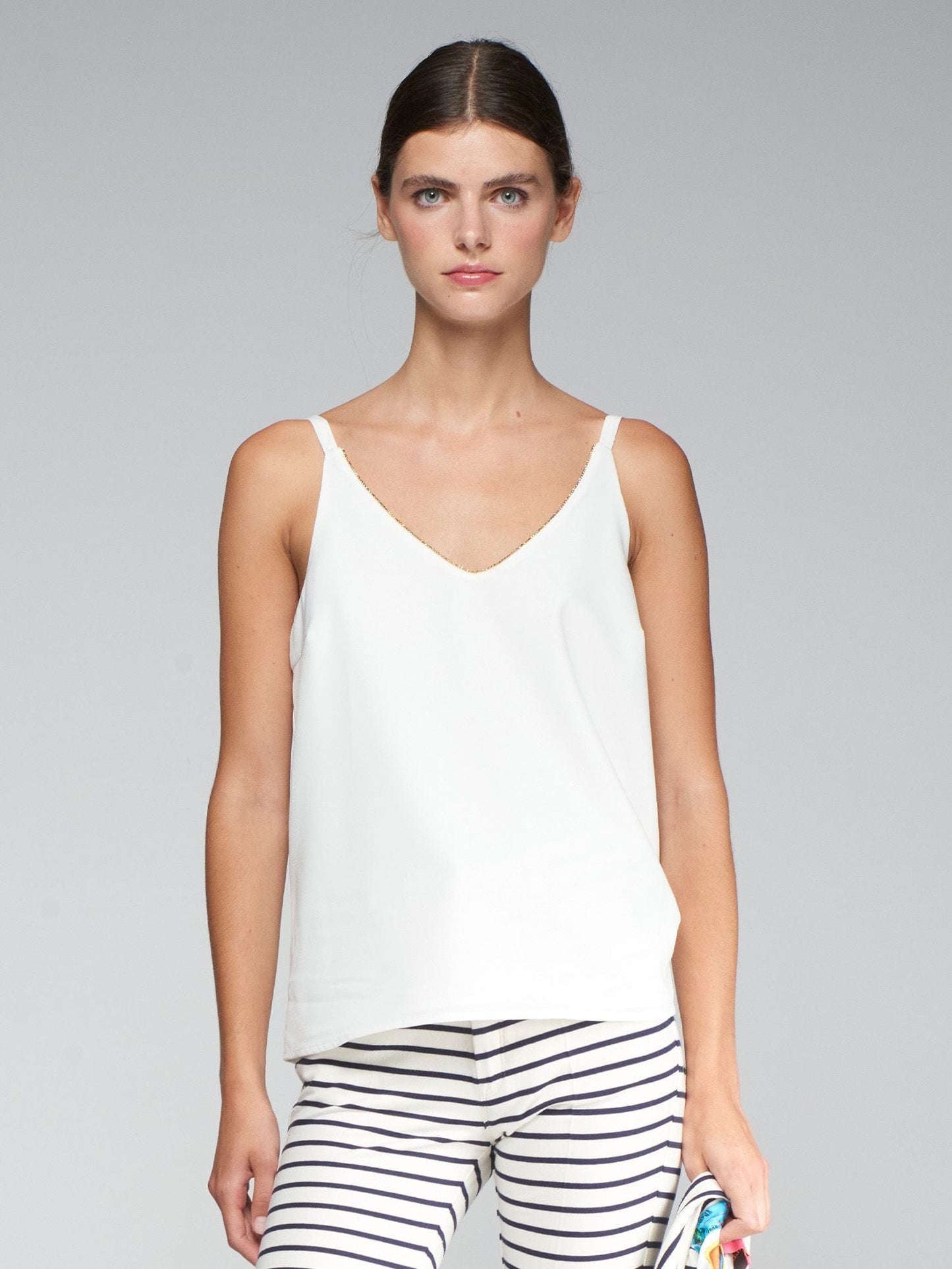 Vilagallo Celeste Top – White Strappy Tank with Multicoloured Gemstone Neckline – Nellie & Dove