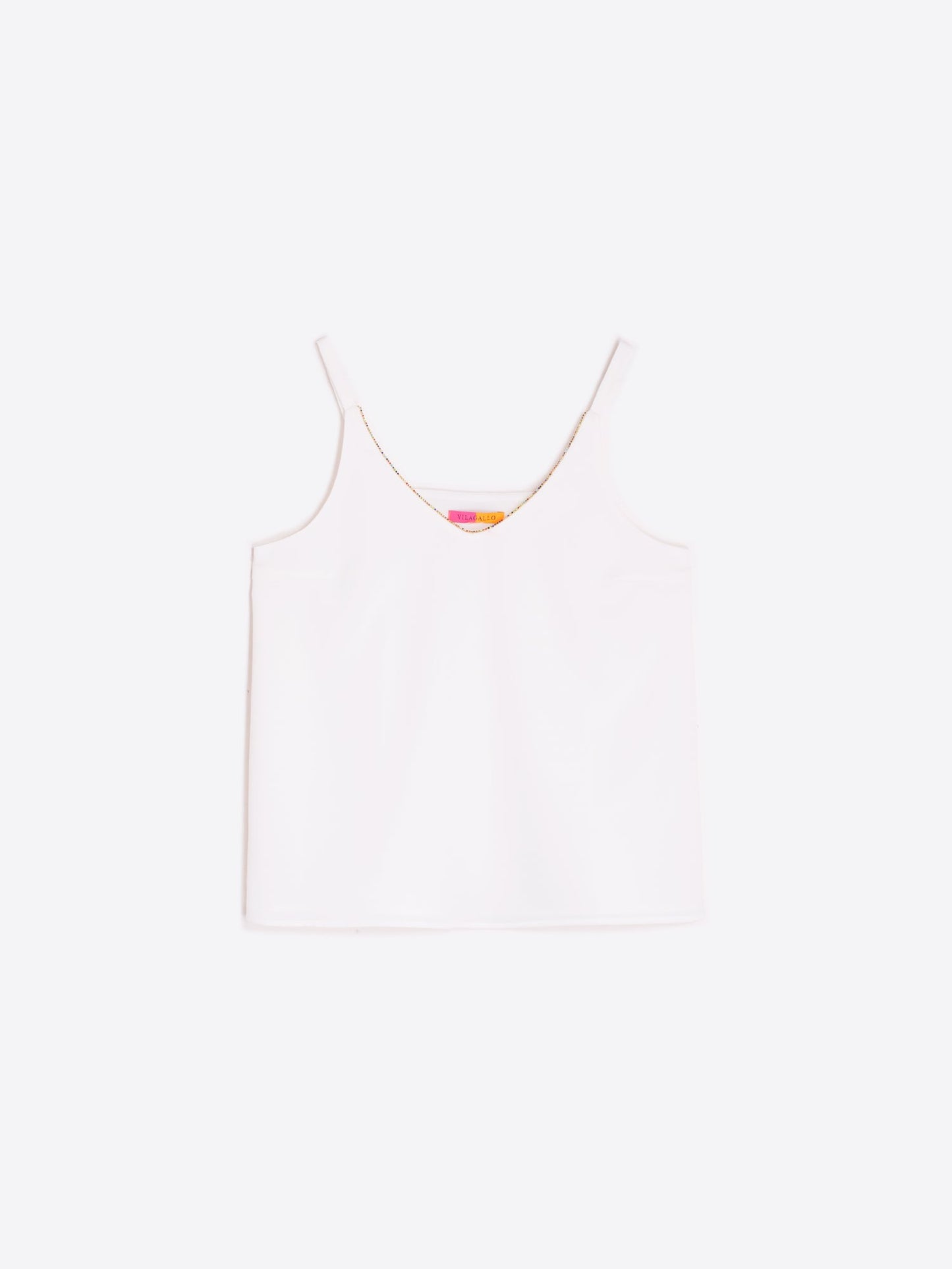 Vilagallo Celeste Top – White Strappy Tank with Multicoloured Gemstone Neckline – Nellie & Dove