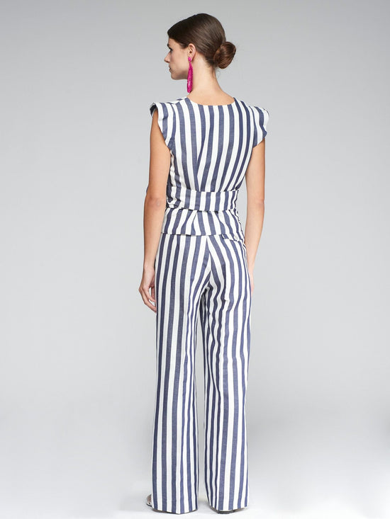 Vilagallo Navy & White Striped Linen-Cotton Trousers – High-Waisted Flared Pants – Nellie & Dove