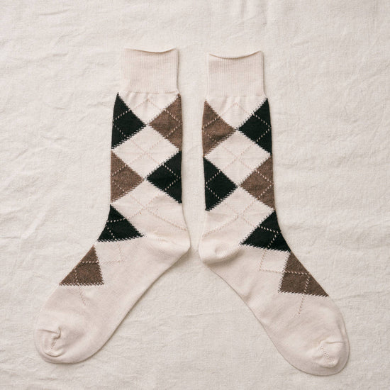 YAHAE Mens Socks SIZE L (27.5–29.5 cm EU 44-47) Organic Cotton Alpaca Yak Argyle Socks: White in Large