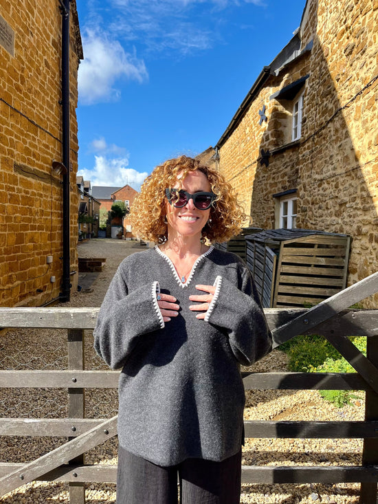 Yerse Knitwear Boiled Wool Trimmed Jumper in Charcoal