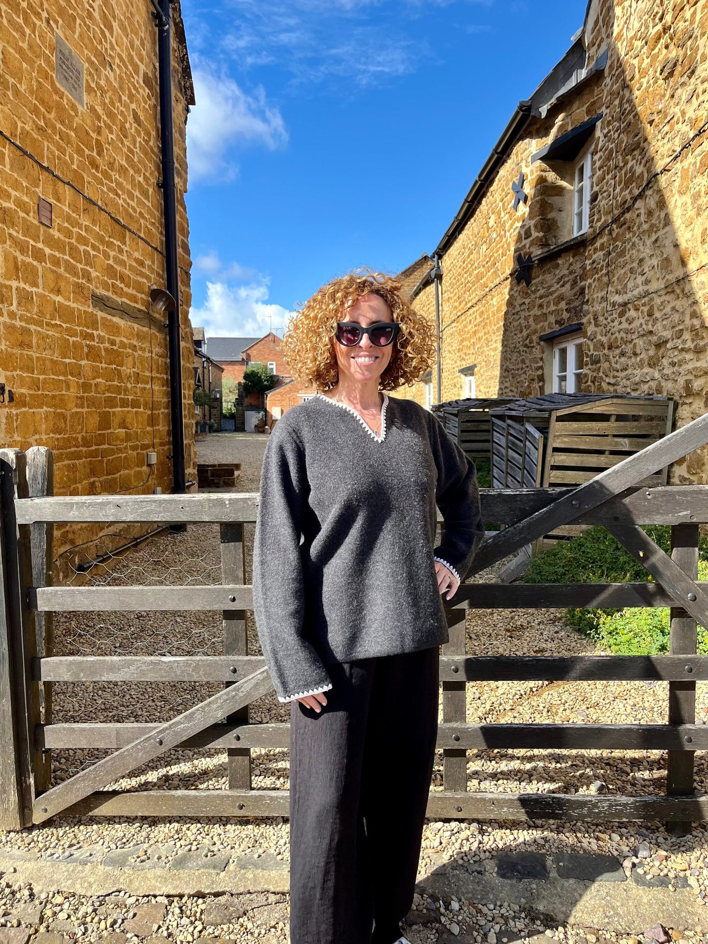 Yerse Knitwear Boiled Wool Trimmed Jumper in Charcoal