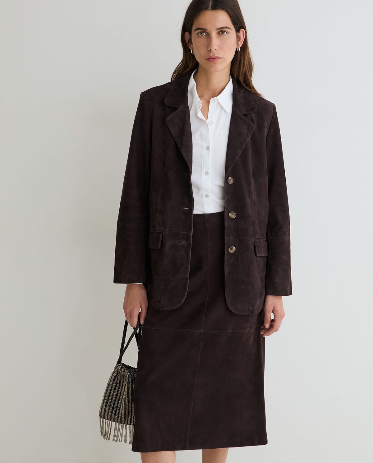 Yerse Skirts The Margot Suede Midi Skirt in Chocolate