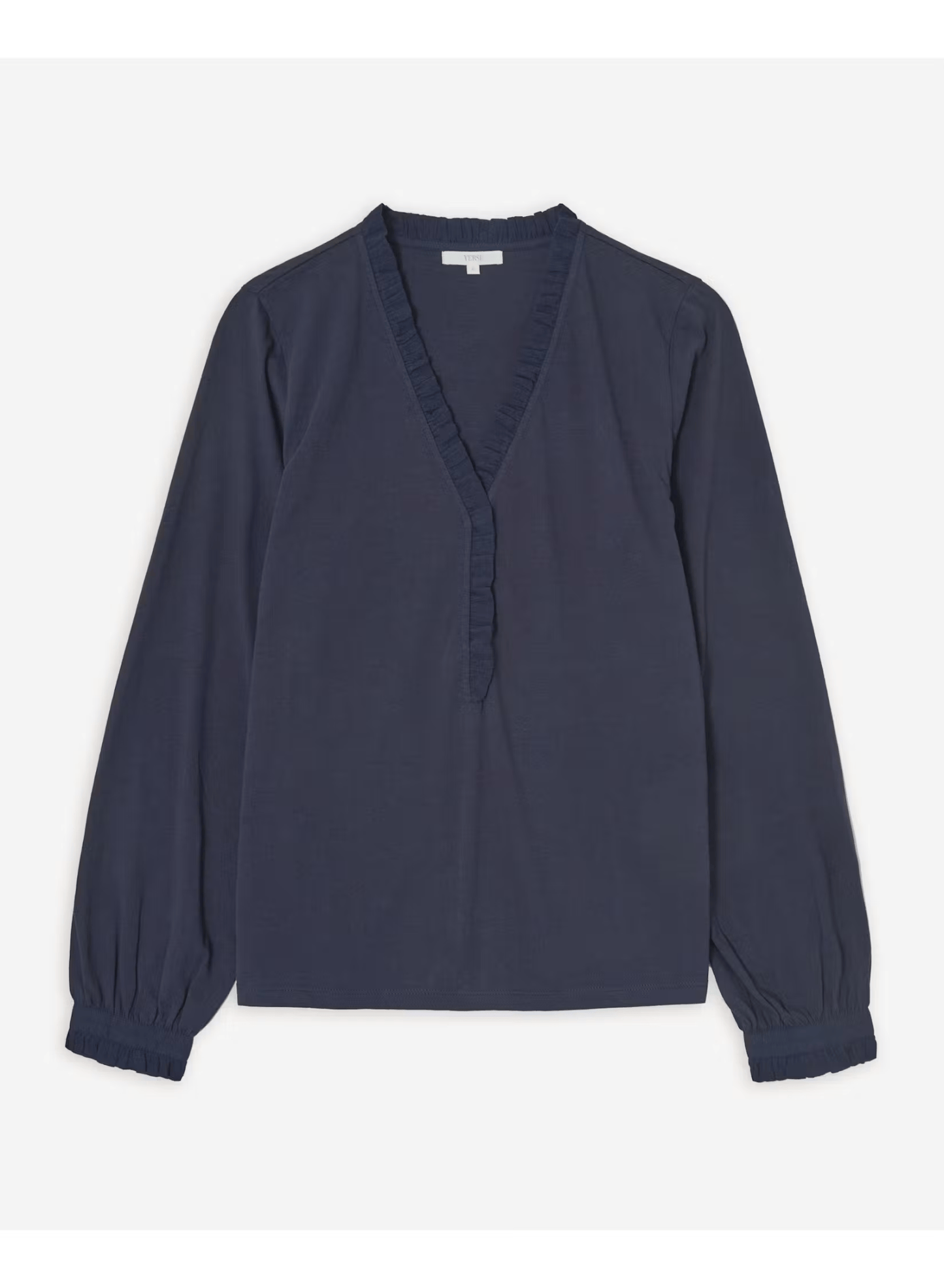 Yerse Tops The Elodie Frill-Trim Blouse in Navy