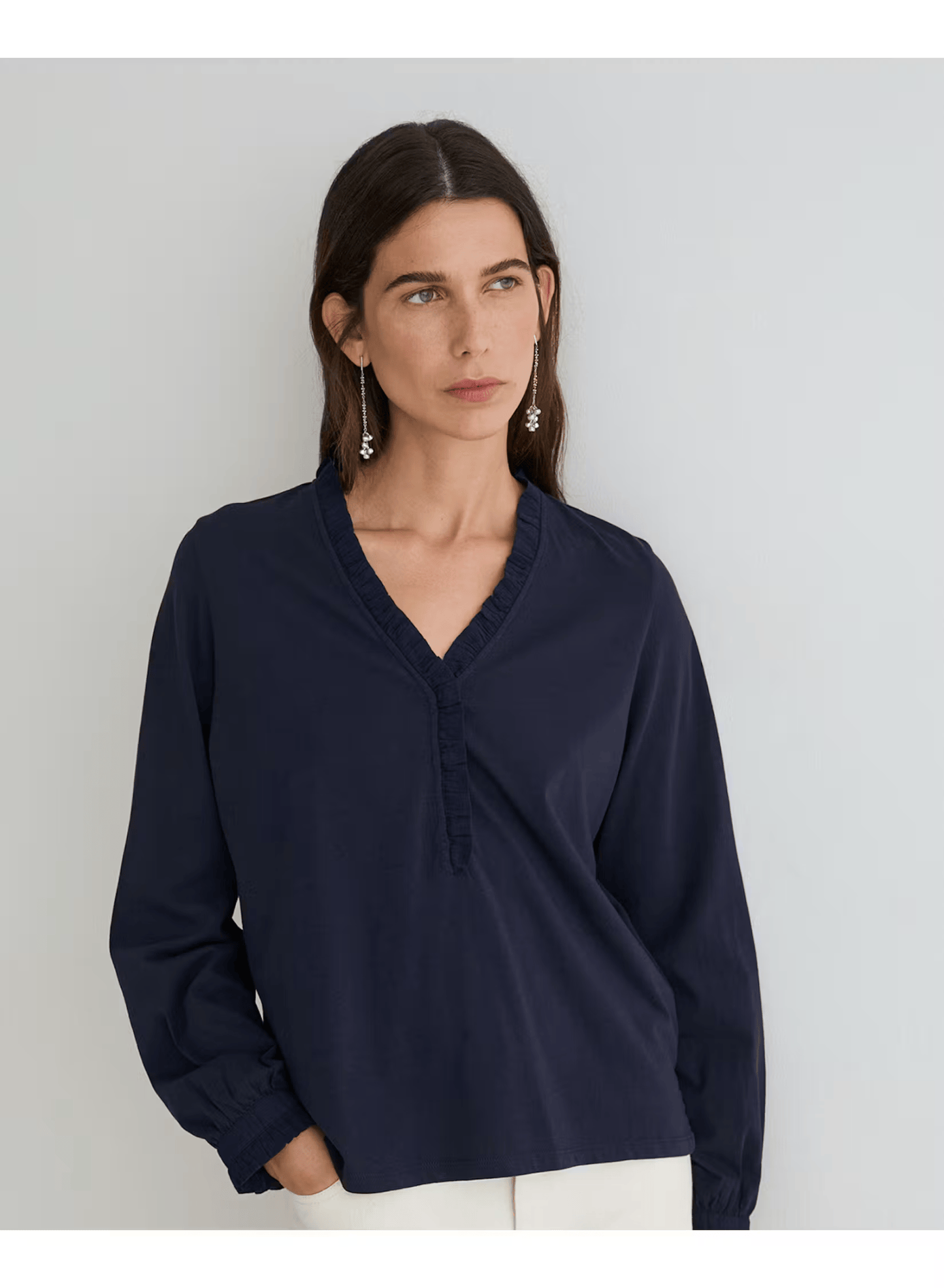 Yerse Tops The Elodie Frill-Trim Blouse in Navy