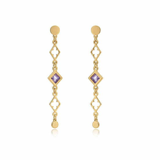 Load image into Gallery viewer, AZUNI LONDON Diamond/Clover Drop Earrings Gold-Amethyst
