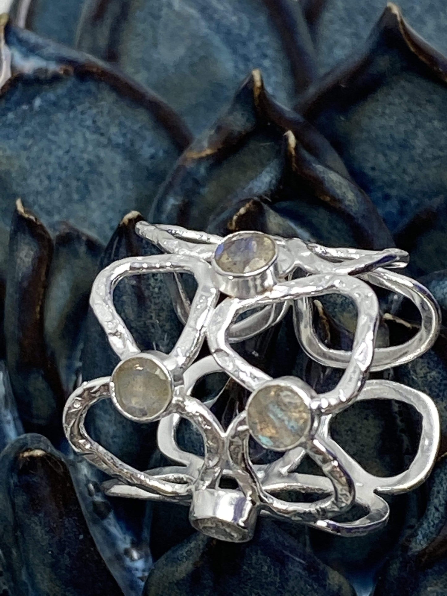 AZUNI LONDON Jewellery Thalia Wide Sculptural Silver Ring in Labradorite Stones