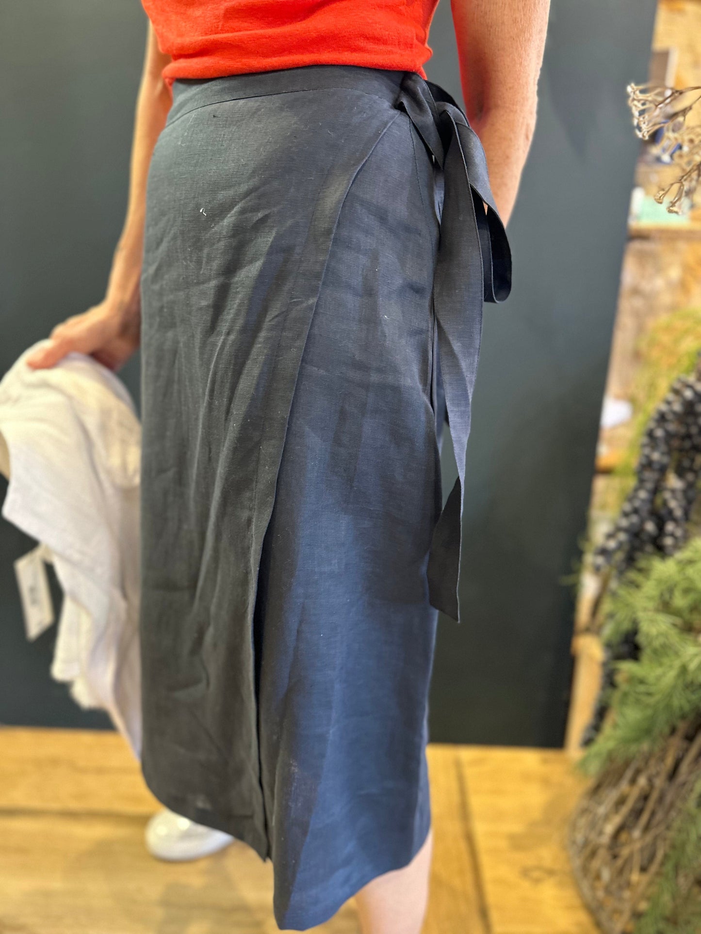 Haris Cotton Wrap Style Linen Skirt in Blue Marine