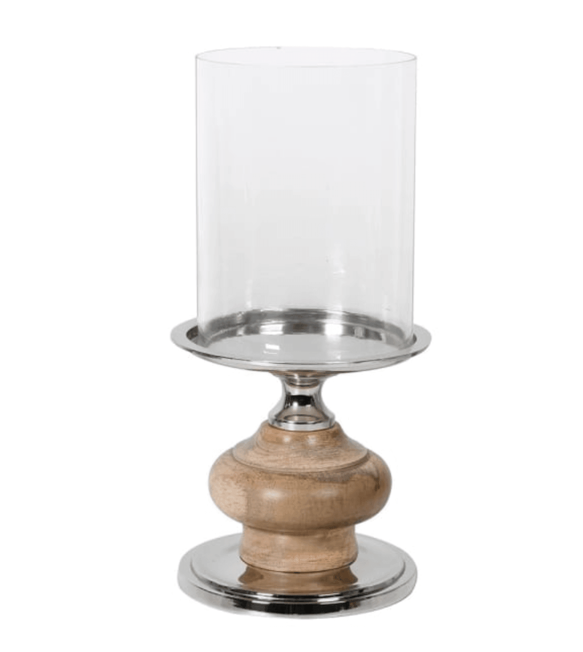 Home Wood and Nickel Candle Holder with glass.