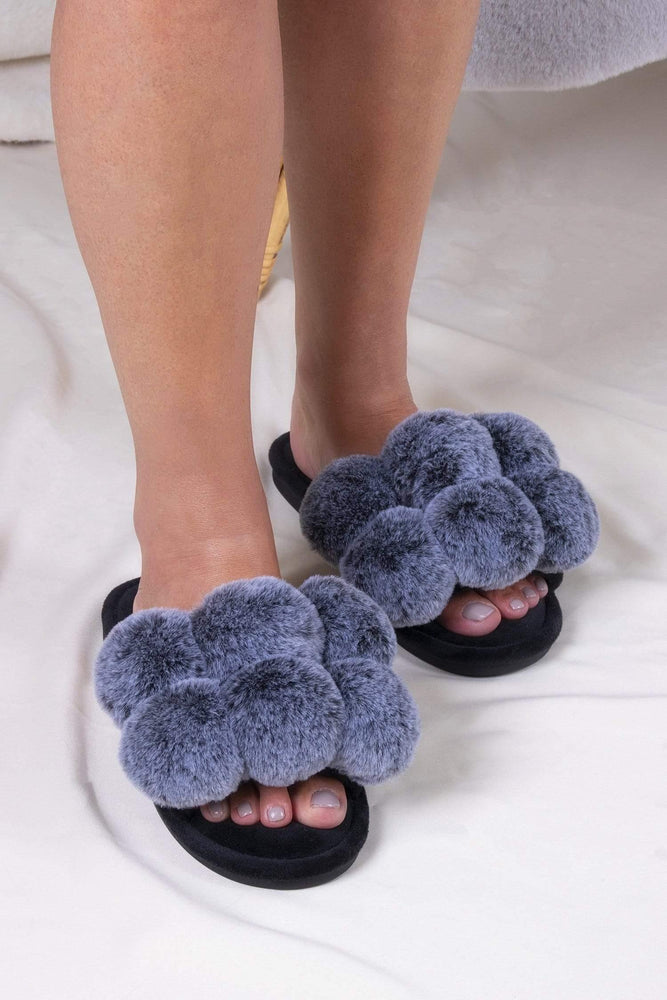Pretty You Clothing Dolly Pompom Slippers in Black